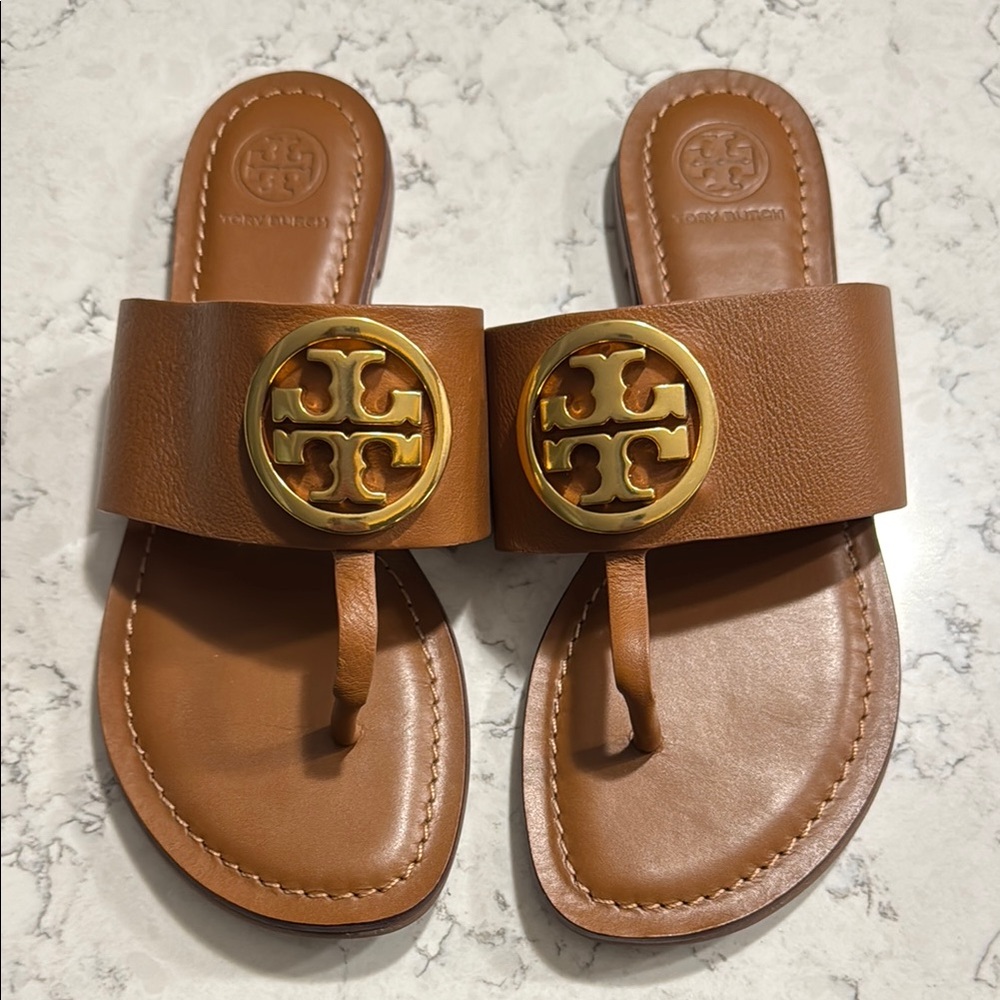 Tory Burch Tan Slides with Gold Emblem
